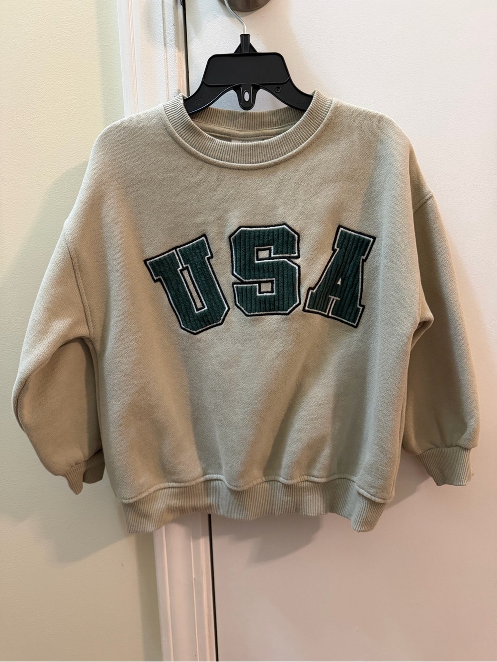 Zara Sage Green Crewneck Sweater with Dark Green USA Appliqué